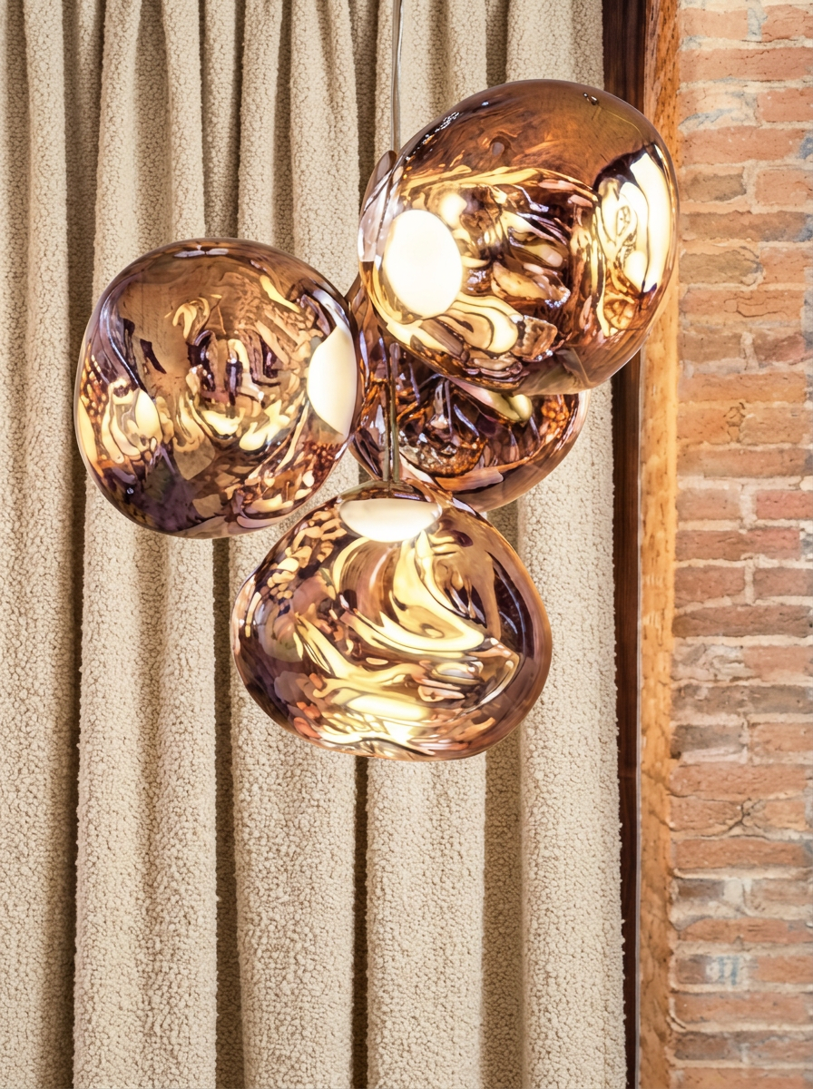 Copper blown-glass pendant, amber chandelier in front of a brick wall