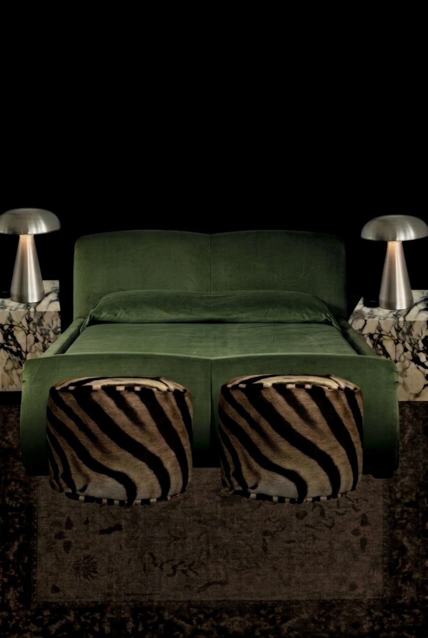 Lit en velours vert devant un mur noir, avec deux poufs en peau zébrée et une moquette marron